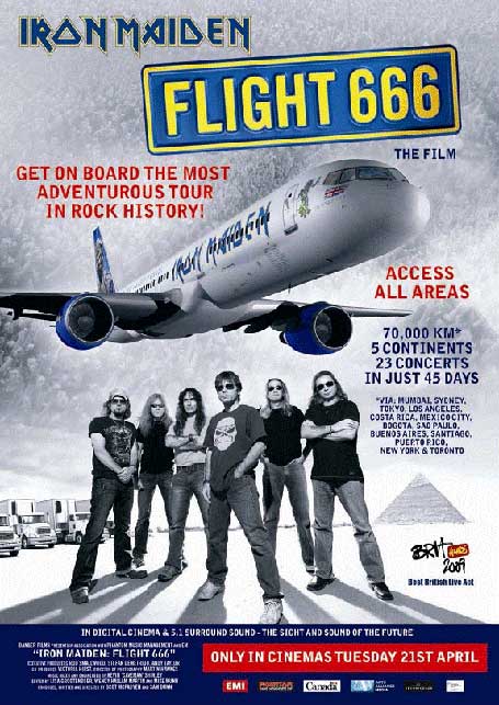 Iron Maidenin Flight 666 -dokumentin julisteessa suuri lentokone, jonka alla bändin jäsenet seisovat. Kuva täynnä tekstiä, logoja, hahmoja, muotoja.